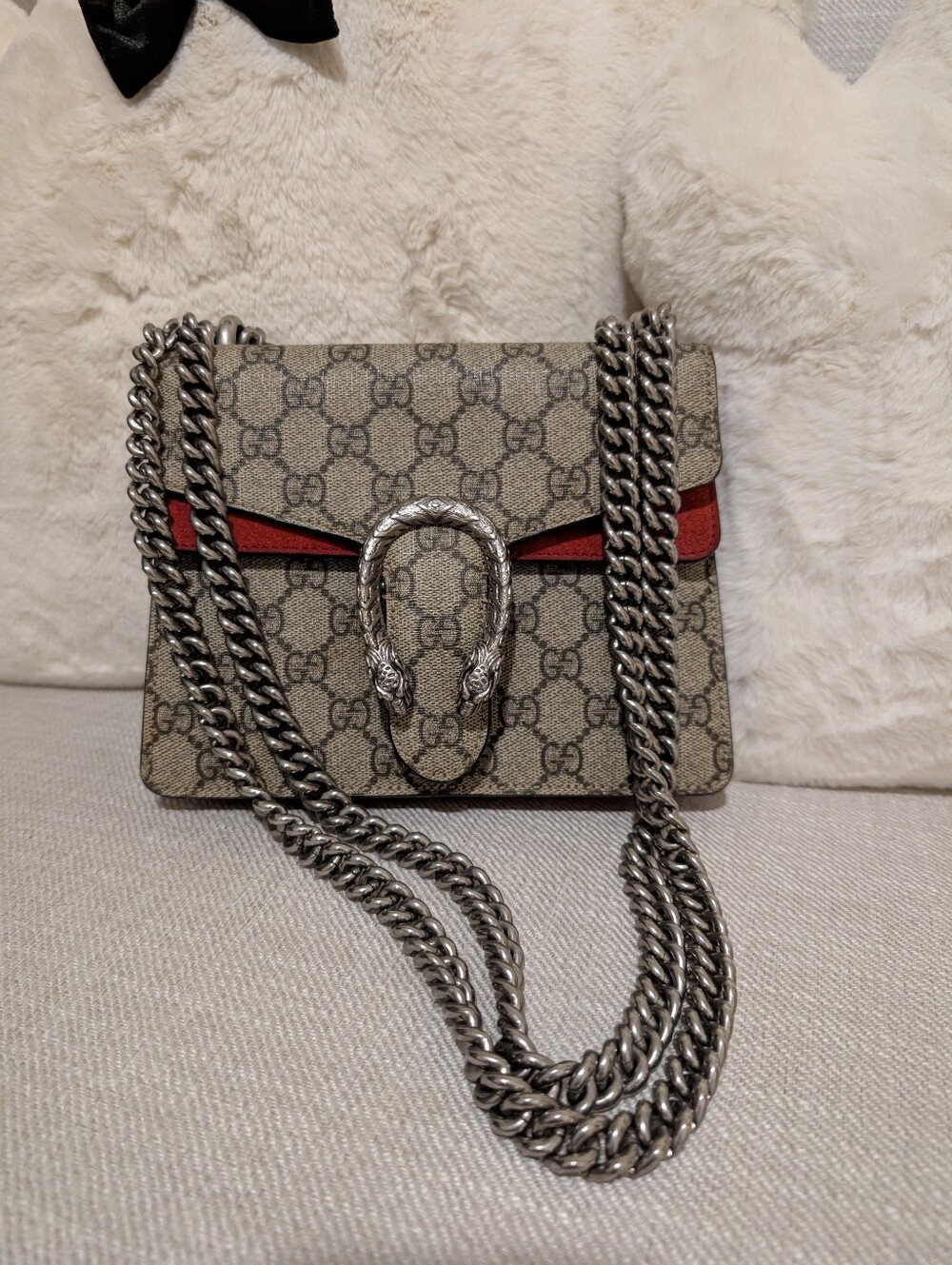 Gucci Small Dionysus GG Supreme Canvas Shoulder Bag in Beige/Red